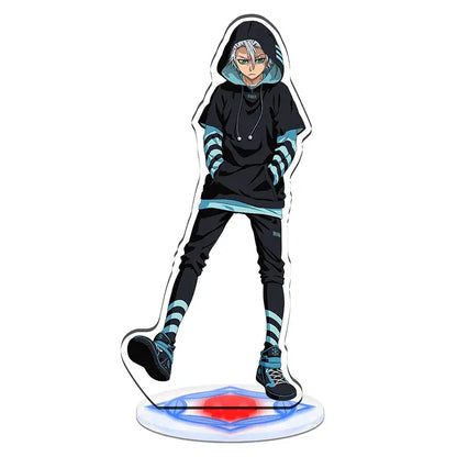 Bleach character acrylic standee set featuring a silver haired anime figure in black and teal striped hoodie acrylic standee