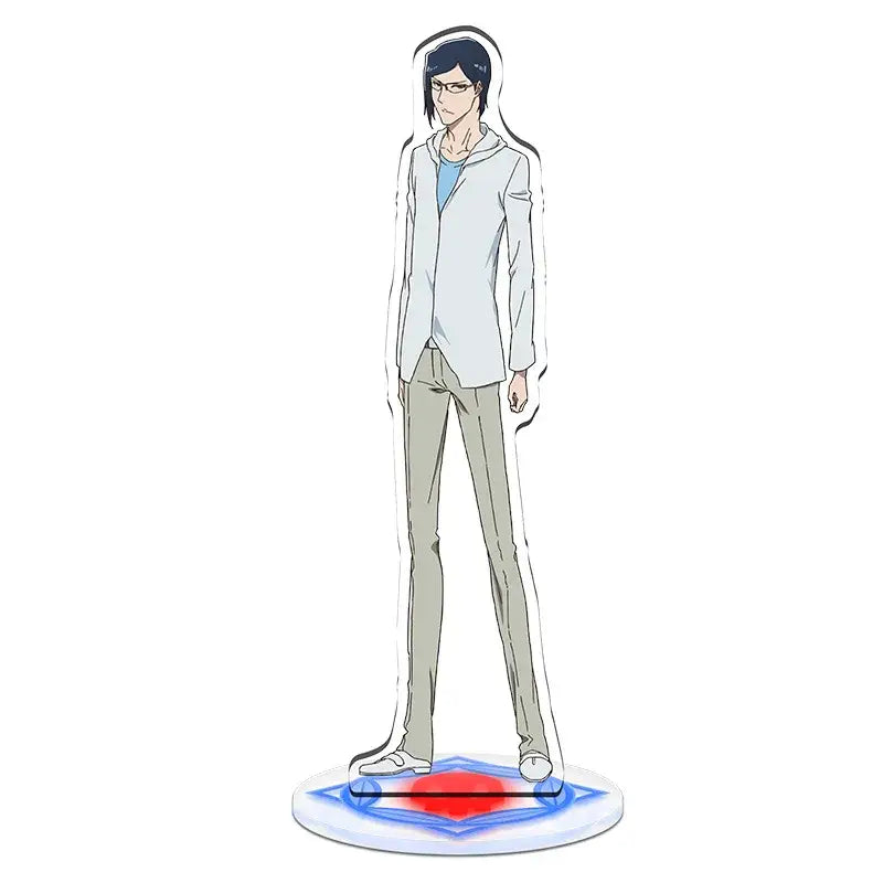 Translucent white acrylic standee of dark-haired anime character in light gray hoodie from bleach acrylic standee set 15cm