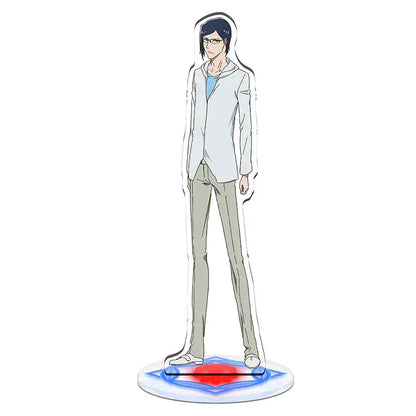 Translucent white acrylic standee of dark-haired anime character in light gray hoodie from bleach acrylic standee set 15cm