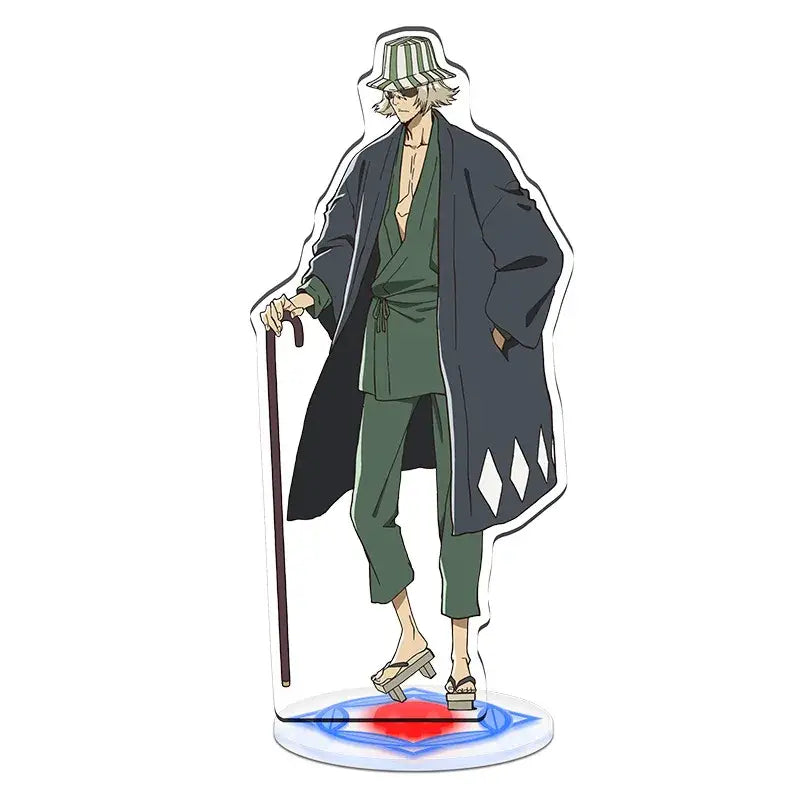 Bleach character acrylic standee set featuring a silver-haired figure in a striped hat and dark green outfit on acrylic material