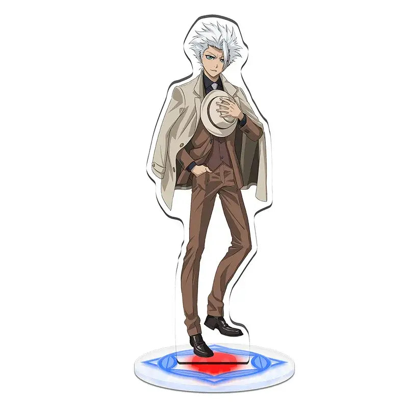 Clear acrylic standee of anime character with spiky white hair in beige trench coat from bleach acrylic standee set