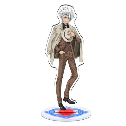 Clear acrylic standee of anime character with spiky white hair in beige trench coat from bleach acrylic standee set