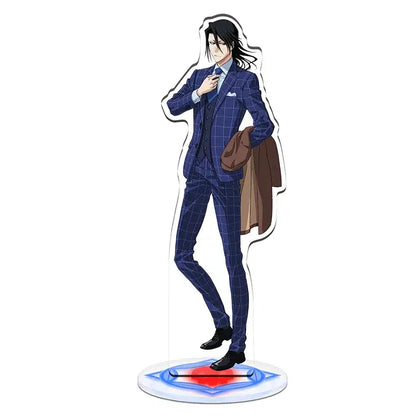 Blue plaid suit anime character acrylic standee with long black hair and brown coat in bleach standee set 15cm