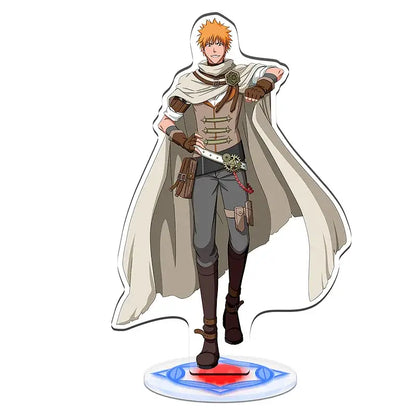 Orange-haired anime character figurine with white cape and brown leather accents in bleach acrylic standee set