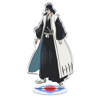 Black and white acrylic standee of ichigo kurosaki in long coat with sword from bleach character acrylic standee set