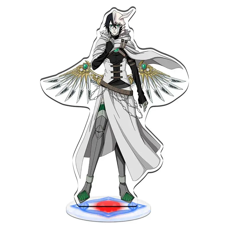 White and black acrylic standee of bleach character ulquiorra cifer with golden wing shoulder pieces green gemstones in standee set