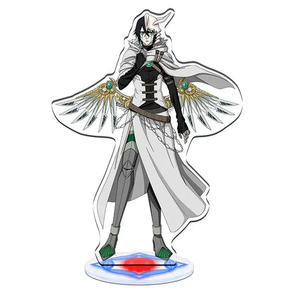 White and black acrylic standee of bleach character ulquiorra cifer with golden wing shoulder pieces green gemstones in standee set