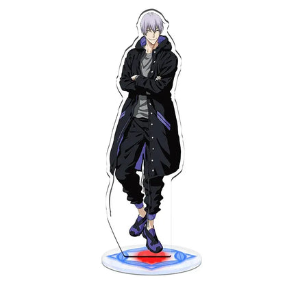 Bleach character acrylic standee set featuring a black and purple anime figure with silver hair in a long coat