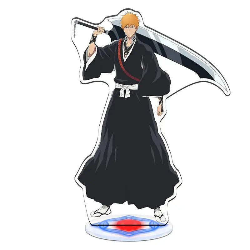Black and white acrylic standee of ichigo kurosaki holding zanpakutō with red and blue design from bleach standee set