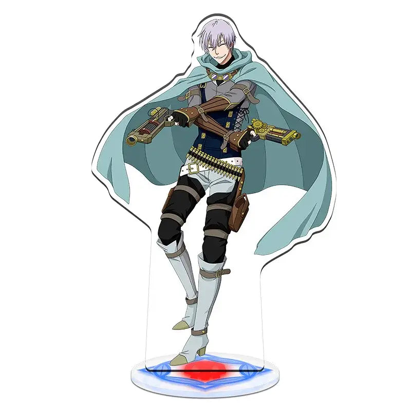 Clear acrylic standee set featuring a silver-haired anime character holding golden pistols in teal cape and dark armor