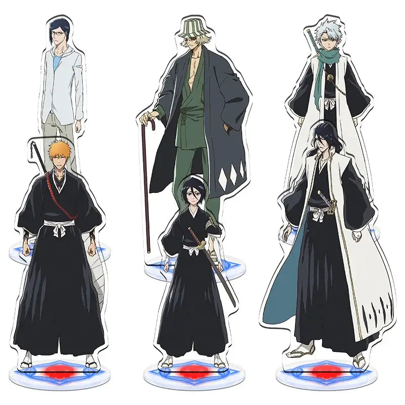 Set of six vibrant bleach character acrylic standees with detailed designs on red and blue accented circular bases