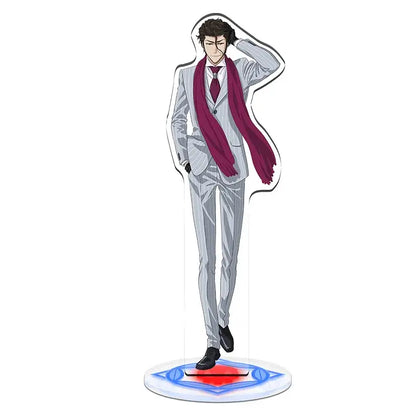 Bleach character acrylic standee set featuring a sleek silver pinstripe suit with burgundy scarf and tie in 15cm size