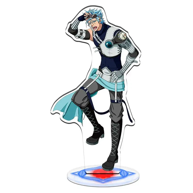 Blue-haired anime character acrylic standee in silver black armor with teal accents on a clear base from bleach standee set