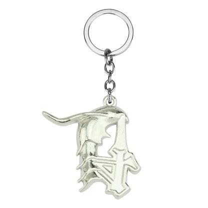 Silver metallic sword keychain with gothic letter d and cross motif made of zinc alloy from bleach hitsugaya toushirou collection