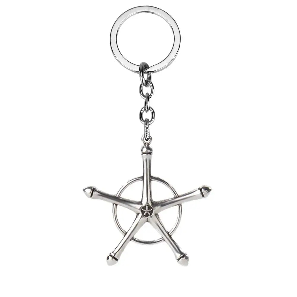 Silver metallic bleach hitsugaya toushirou sword keychain featuring a zinc alloy ship’s wheel with five spokes and star emblem