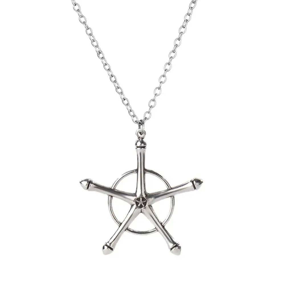 Silver-toned ship’s wheel pendant necklace with polished metallic finish zinc alloy sword keychain accessory