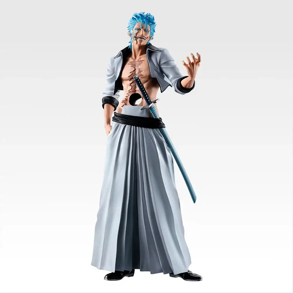 Blue-haired ichiban kuji pvc figure in silver-gray outfit with black belt holding sword from bandai ichiban kuji set