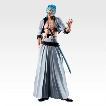 Blue-haired ichiban kuji pvc figure in silver-gray outfit with black belt holding sword from bandai ichiban kuji set