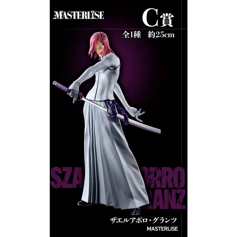 White and purple pvc ichiban kuji figure of pink-haired character with glasses holding sword from bandai ichiban kuji blea