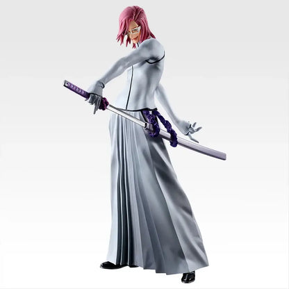 A detailed bandai ichiban kuji pvc figure of ulquiorra with pink hair and glasses holding a purple hilt sword
