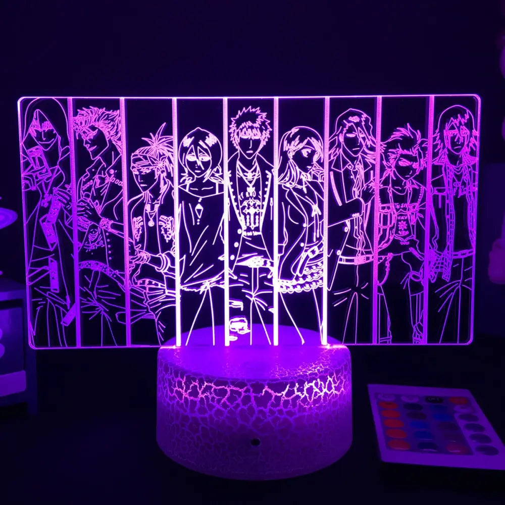 Bleach Ichigo 3D led night light featuring purple glowing anime character silhouettes on a translucent bedroom panel