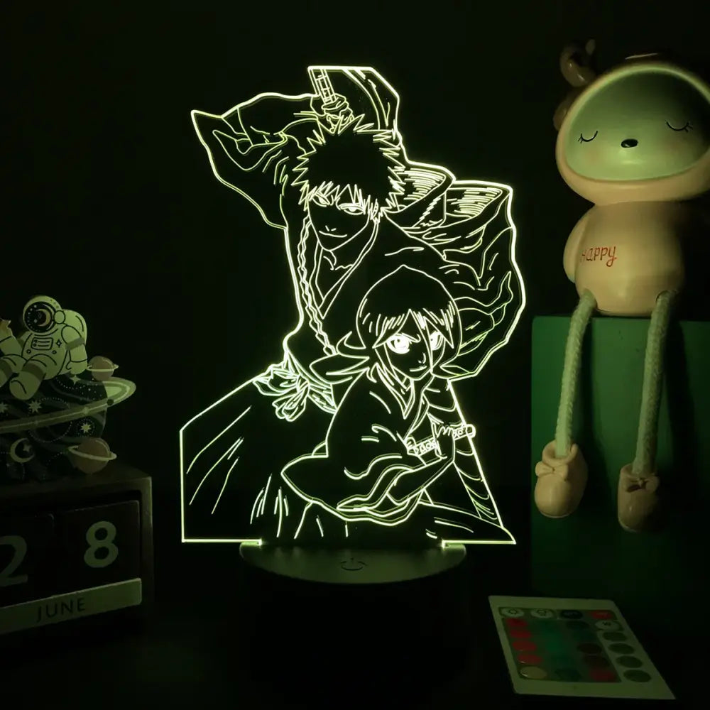 Bleach ichigo 3d led night light featuring glowing green anime characters in dynamic poses for bedroom use