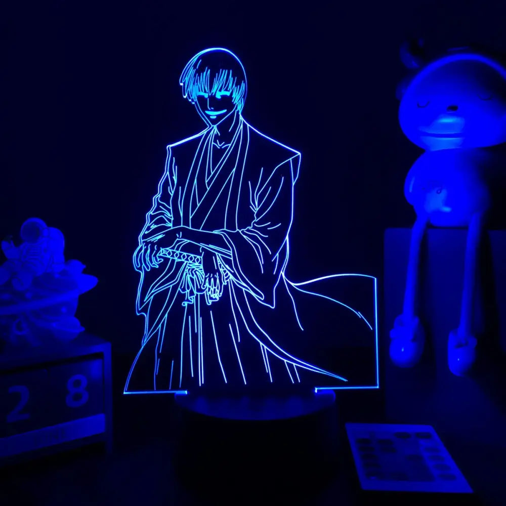 Blue glowing bleach ichigo 3d led night light featuring anime character in traditional robe holding a sword bedroom lamp