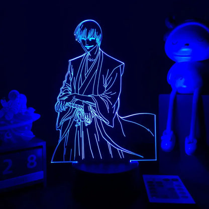 Blue glowing bleach ichigo 3d led night light featuring anime character in traditional robe holding a sword bedroom lamp
