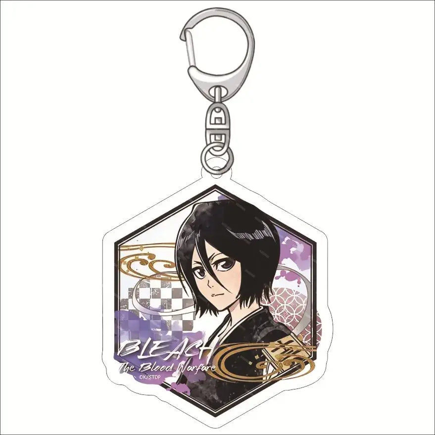 Hexagonal bleach ichigo acrylic keychain featuring black-haired anime character on purple and gold patterned background