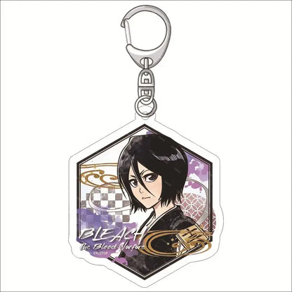 Hexagonal bleach ichigo acrylic keychain featuring black-haired anime character on purple and gold patterned background