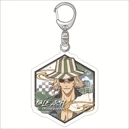Hexagonal acrylic keychain featuring anime character ichigo in striped hat and sunglasses with bleach the blood warfare text