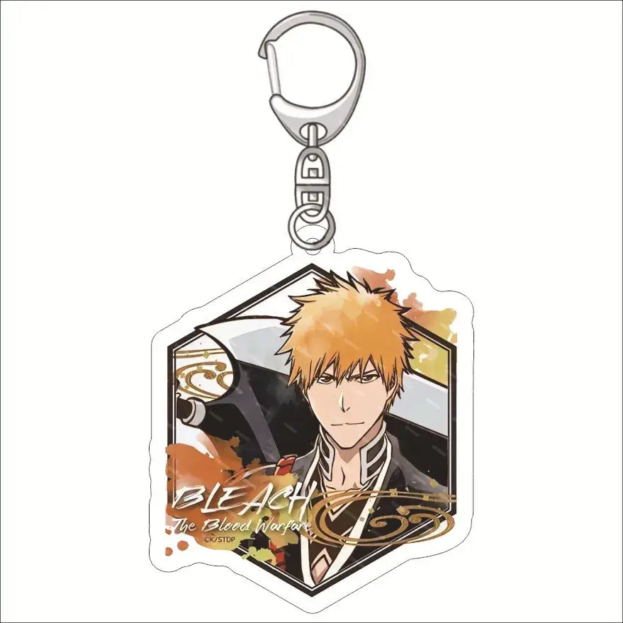 Clear acrylic keychain featuring ichigo kurosaki illustration with hexagonal frame and orange black watercolor accents