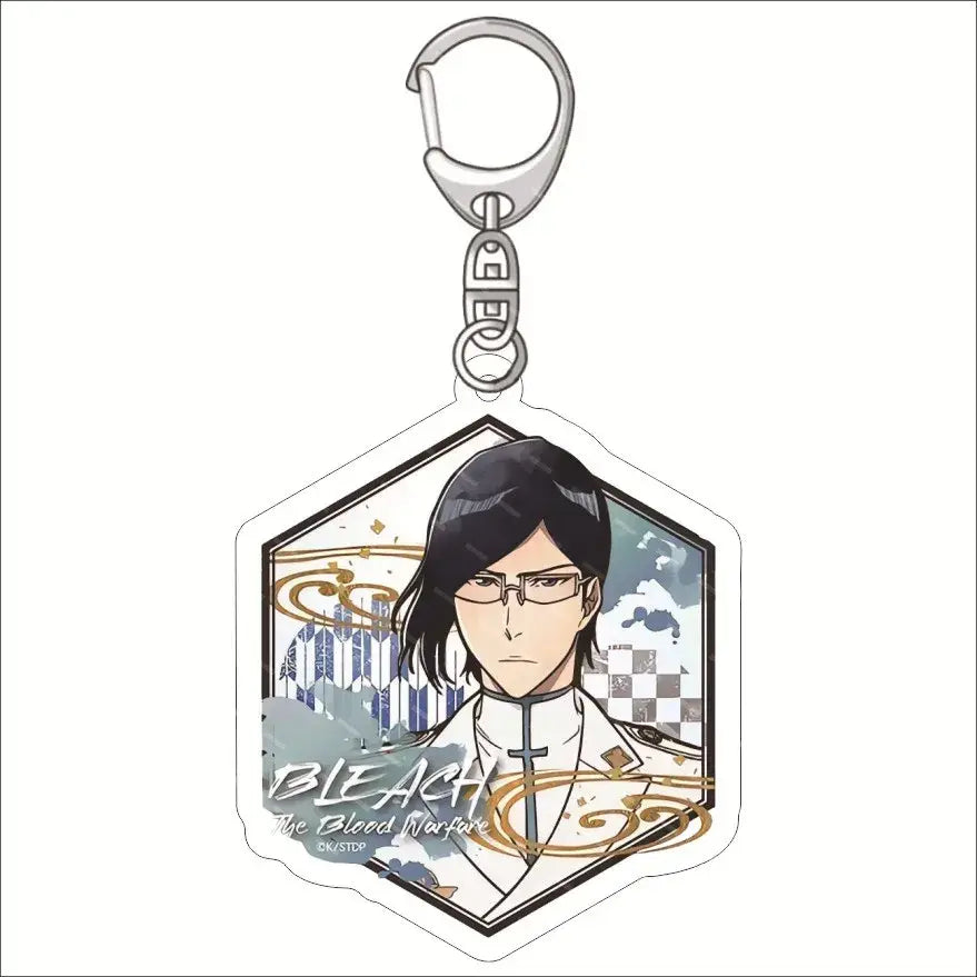 Hexagonal bleach ichigo acrylic keychain with detailed white black gold and blue anime illustration and silver metal clip
