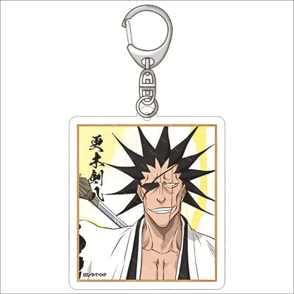 Silver-toned bleach ichigo acrylic keychain with rectangular charm featuring shinigami form on yellow background