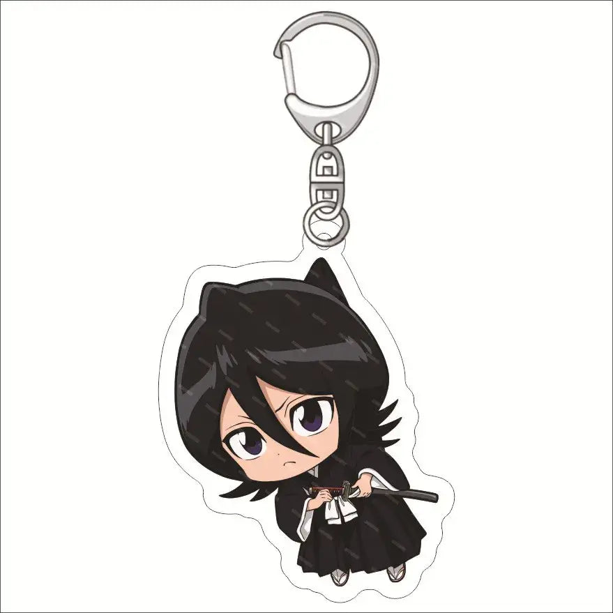 Black and white chibi-style bleach ichigo acrylic keychain featuring a character with cat ears holding a sword