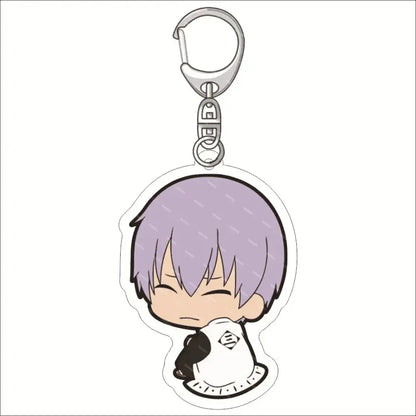 A chibi-style bleach ichigo acrylic keychain featuring a lavender-haired character with closed eyes in a white apron