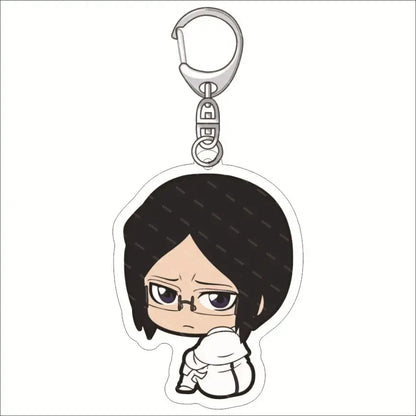 Bleach ichigo acrylic keychain featuring a black-haired character with glasses in a white outfit and silver metal clip