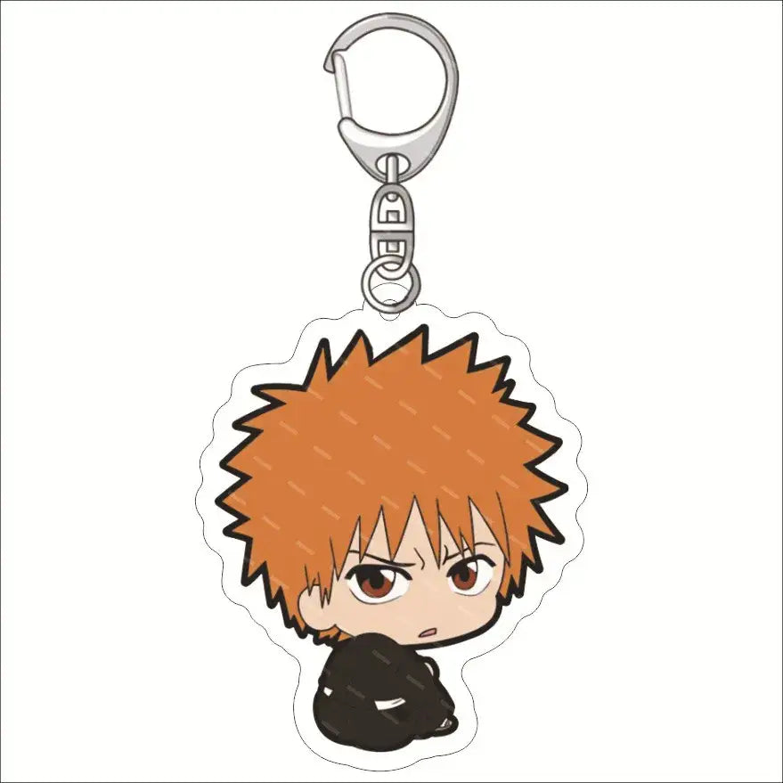 Chibi orange-haired bleach ichigo acrylic keychain with black outfit and silver metal clip acrylic charm accessory