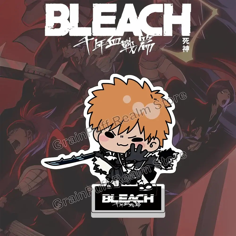 Bleach ichigo acrylic stand featuring chibi orange-haired character in black and white sword design for anime collection
