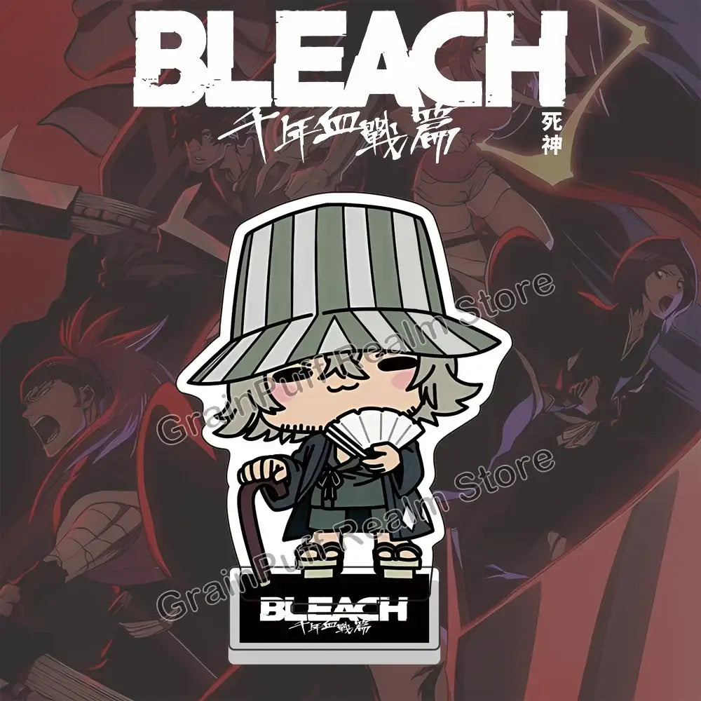 Chibi-style enamel pin of bleach character wearing green and white striped hat holding fan for anime collection