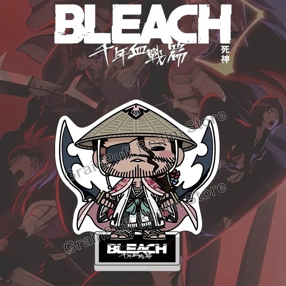 Bleach ichigo acrylic stand featuring chibi soul reaper character in straw hat and white robe for anime collection display