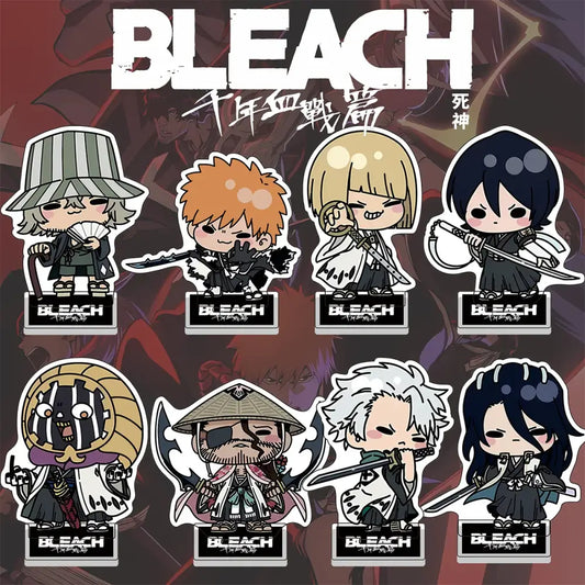 Set of eight chibi-style bleach ichigo acrylic character stands with black and white and colored anime designs for collection