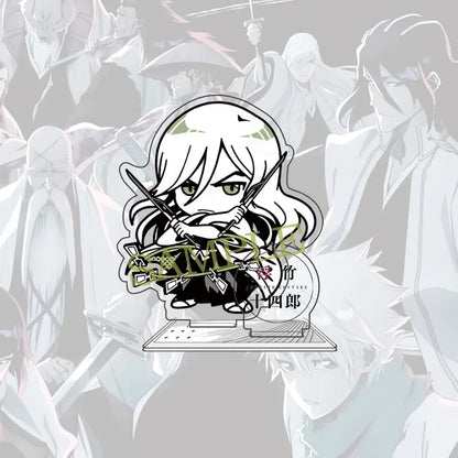 Chibi-style acrylic standee of bleach ichigo with white hair green eyes holding two swords in black attire 10cm figure