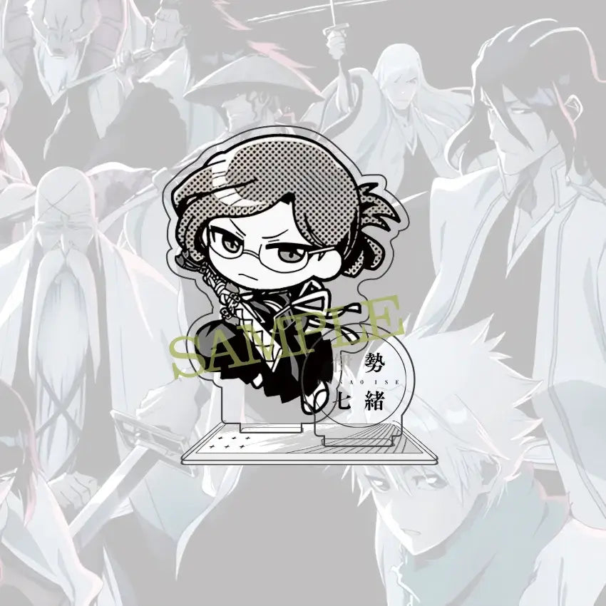 Chibi-style bleach ichigo acrylic standee 10cm figure featuring short dark hair glasses and black outfit with white accents