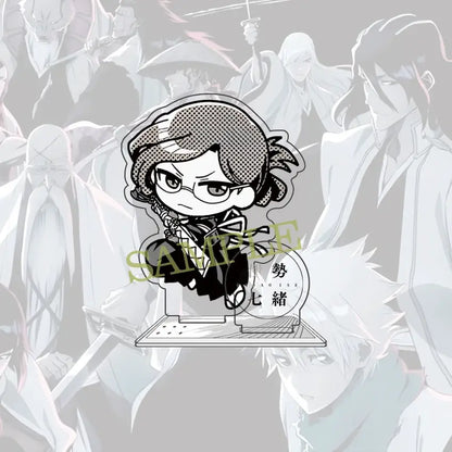 Chibi-style bleach ichigo acrylic standee 10cm figure featuring short dark hair glasses and black outfit with white accents
