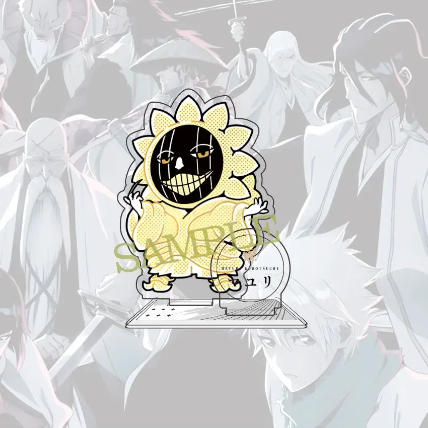 Bleach ichigo acrylic standee featuring a yellow sunflower-themed character with black mask and golden eyes on clear base