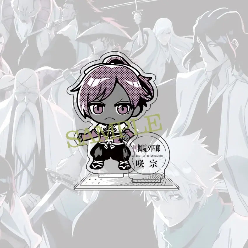 Bleach ichigo acrylic standee 10cm chibi figure with short purple hair and black-and-white traditional attire shido base