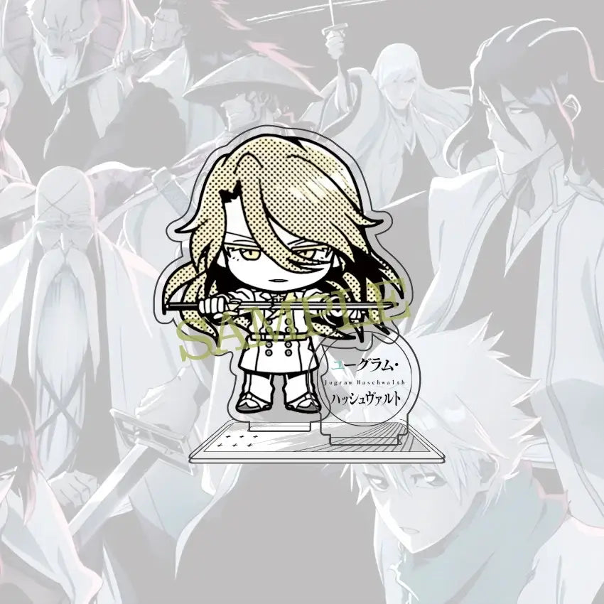 Clear acrylic standee featuring chibi yggdrasill from bleach with long blonde hair holding a sword 10cm figure