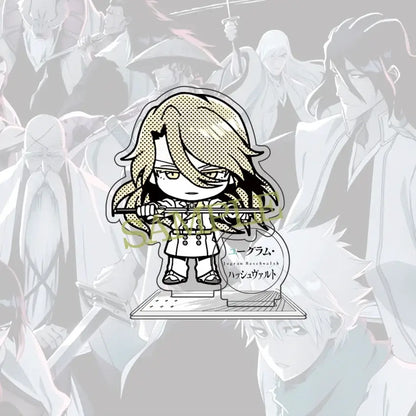 Clear acrylic standee featuring chibi yggdrasill from bleach with long blonde hair holding a sword 10cm figure