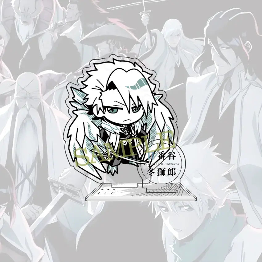 White and black chibi-style byakuya kuchiki acrylic standee with spiky white hair and detailed outfit 10cm figure